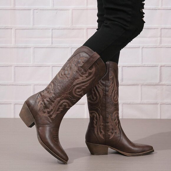Women Dark Brown Pointed Toe Chunky Block Heel Cowgirl Mid Calf Western Booties - Picture 5 of 5